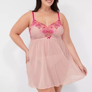 Lane Bryant Pink Embroidered Babydoll Sheer Chemise Size 26/28 Floral Lingerie